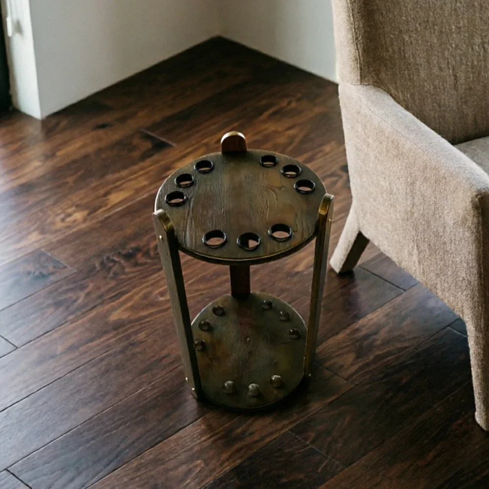 ARIX Round 9-Hole Cue Rack with Two-Tier Floor Stand for Billiard Room - Black Walnut - Image 4