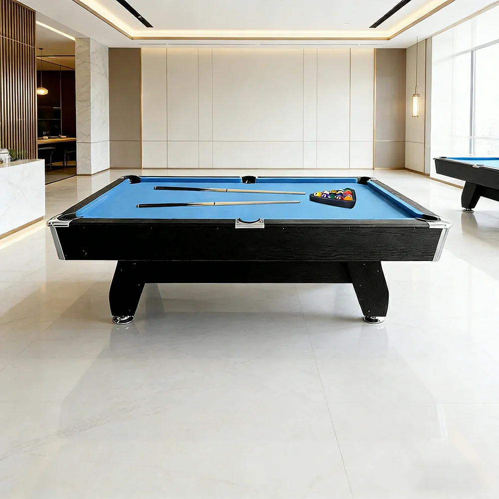 CUETIQ 9FT MDF Pool Snooker Billiard Table - Modern Luxury Design with Ball Return System, Adjustable Leg Levellers, Full Accessories Included - Black Frame Blue Felt - Image 4