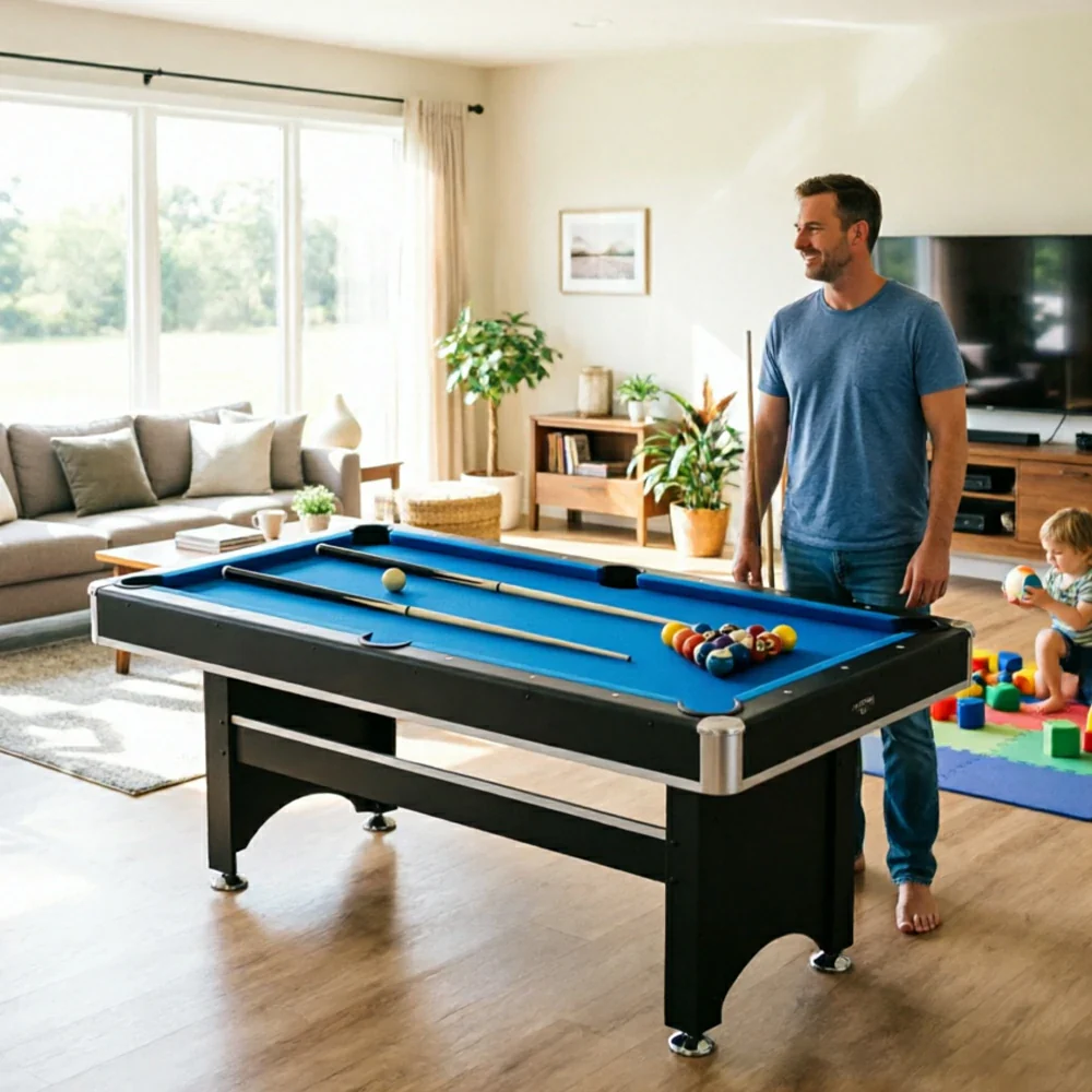 CUETIQ 6FT 3-in-1 Billiard Table with Table Tennis Top and Green Felt for Game Room - Blue - Image 6