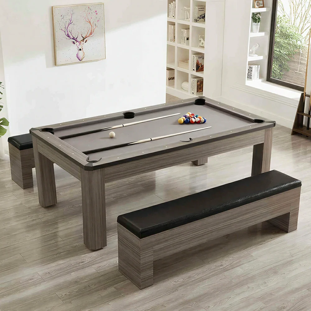 CUETIQ 7FT 3-in-1 MDF Billiard Dining Table with Storage Benches for Home - Grey - Image 2