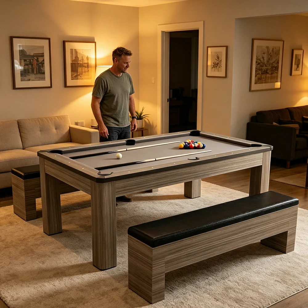 CUETIQ 7FT 3-in-1 MDF Billiard Dining Table with Storage Benches for Home - Grey - Image 6