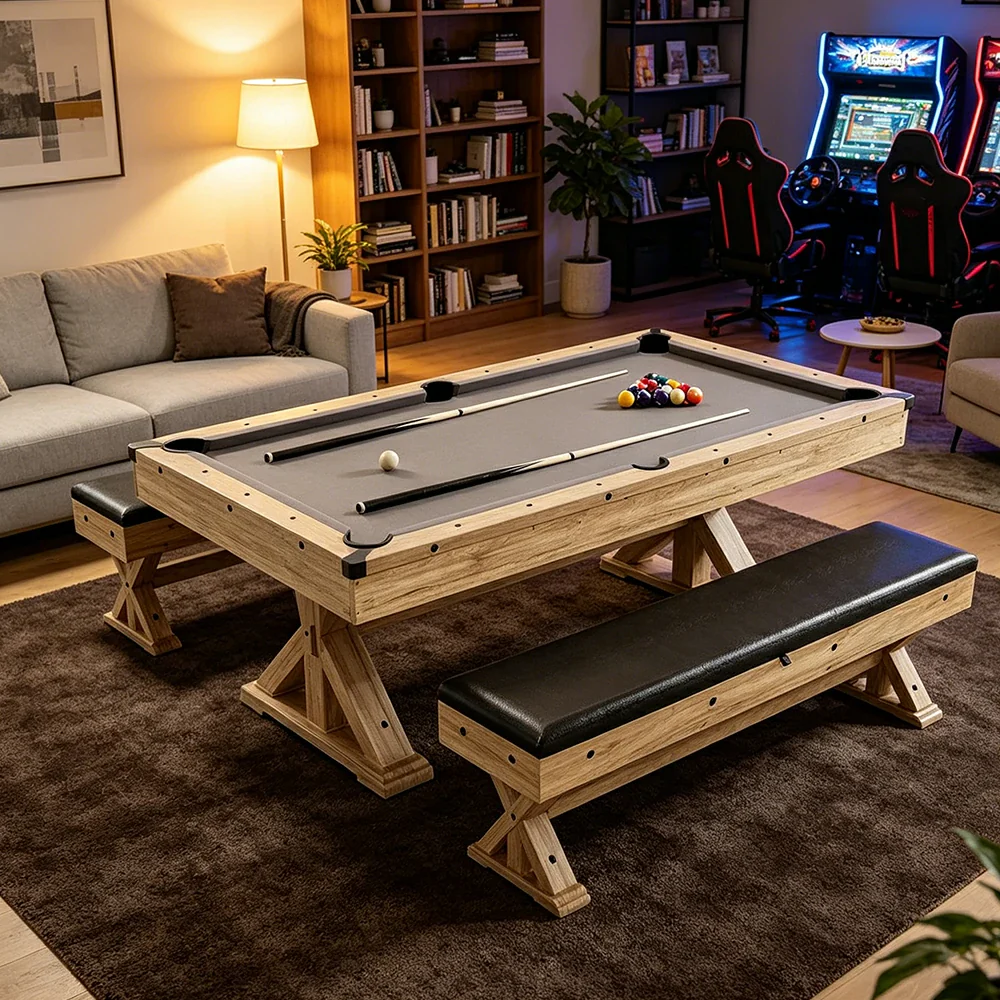 CUETIQ 7FT 3-in-1 MDF Billiard Dining Table with X-Leg Frame and Storage Bench - Natural - Image 5