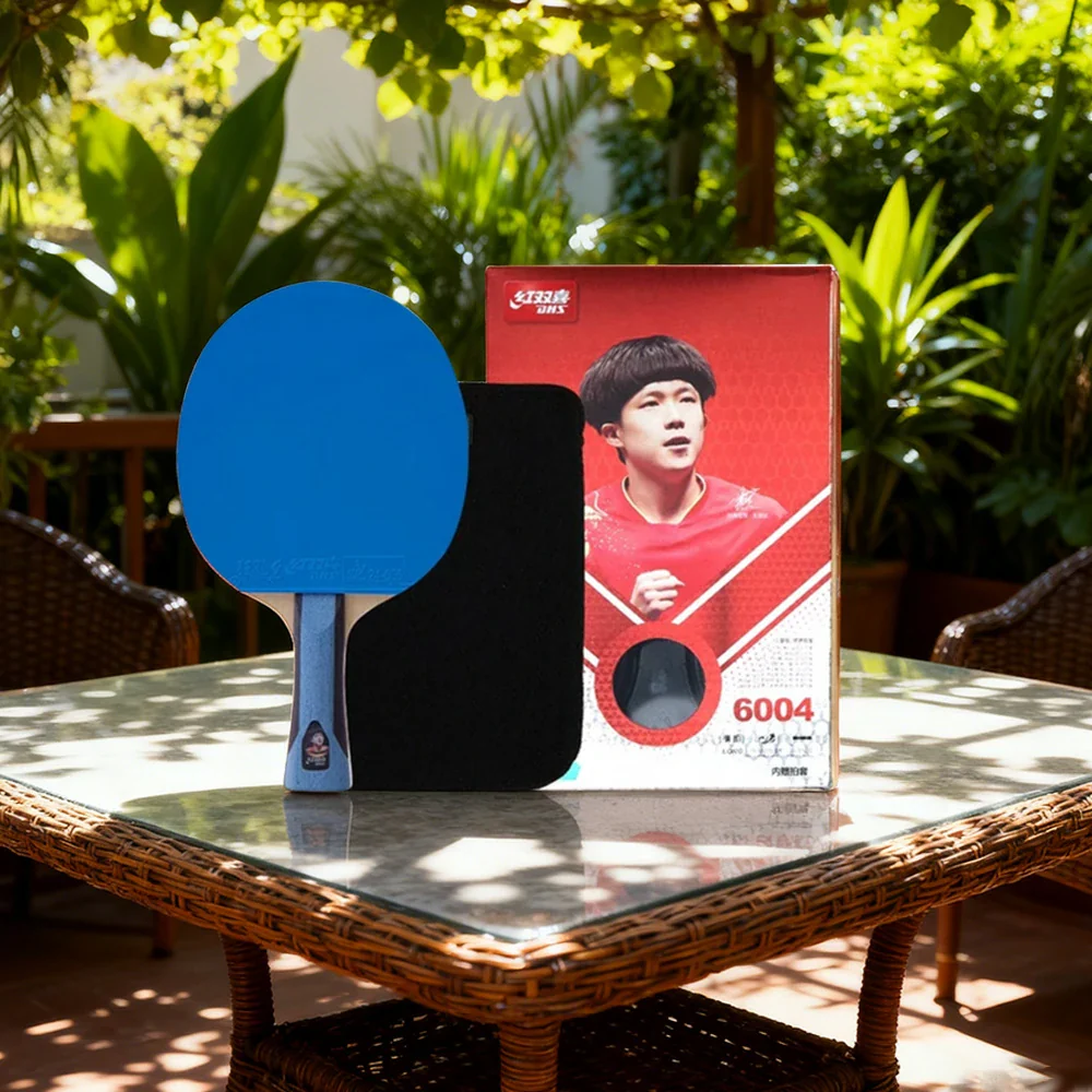 DHS 6-Star Shakehand Table Tennis Paddle - 7-Ply Pure Wood PRO Offensive Blade, Hurricane 3 + Hurricane 9 Spin & Speed - Durable Edge Guard - Blue - Image 4