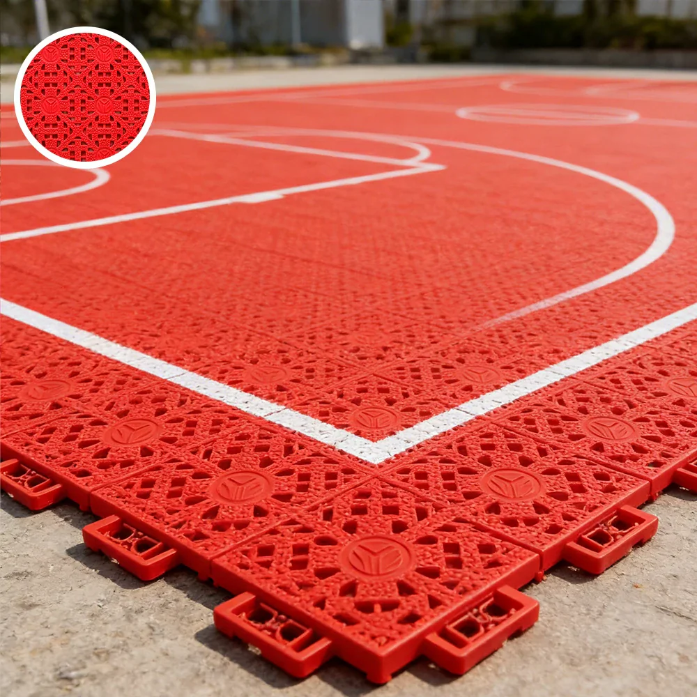 DUNK MASTER Interlocking Sports Floor Tiles - Anti-Slip Shock Absorbing Modular Court Flooring for Basketball Courts 10/20/30 Square Meters - Red - Image 2