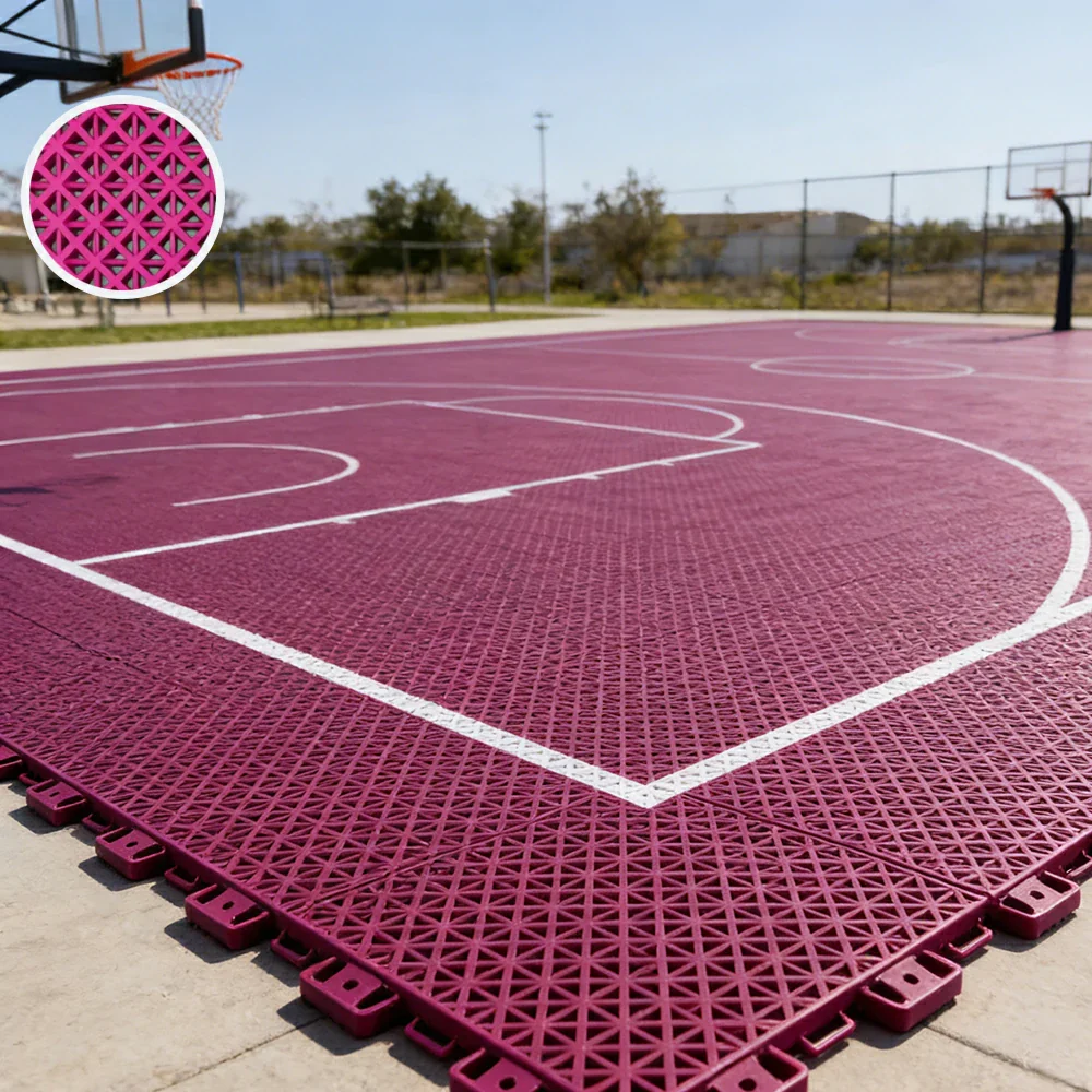 DUNK MASTER Interlocking Sports Floor Tiles - Bamboo Pattern Anti-Slip Court Flooring Modular Tiles for Basketball Courts 10/20/30 Square Meters - Rose Red - Image 2