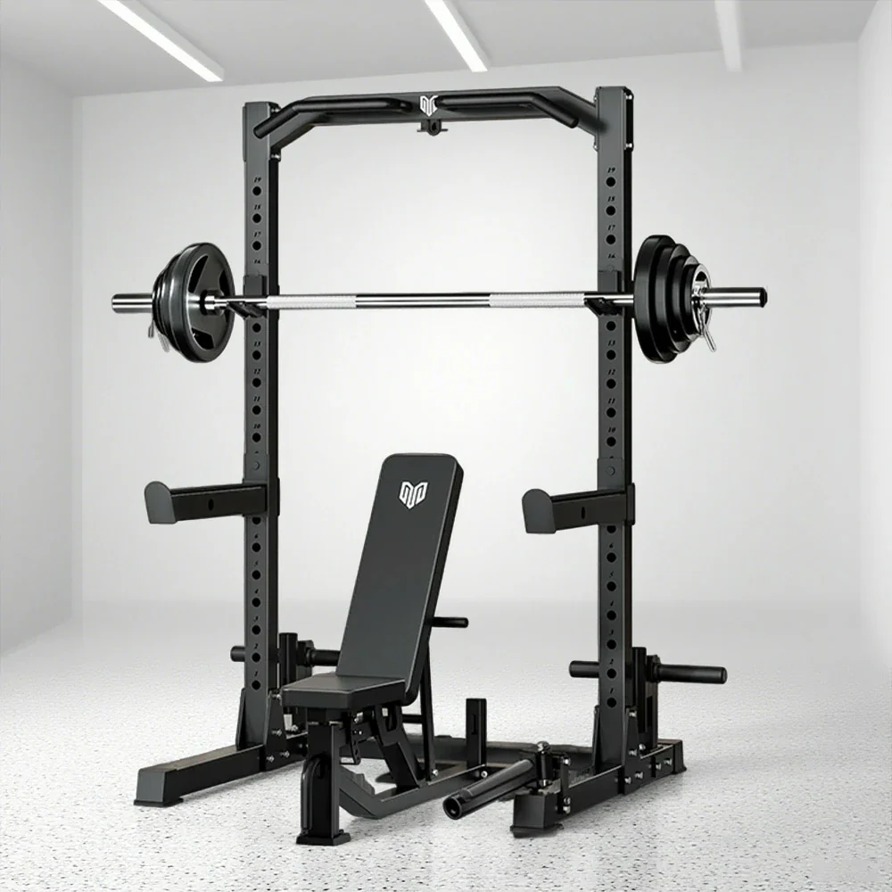 MERIDIAN Multi-Function Power Rack with Bench β Squat, Bench Press, Pull-Up, 19 Height Levels, Space-Saving Design - Black - Image 2