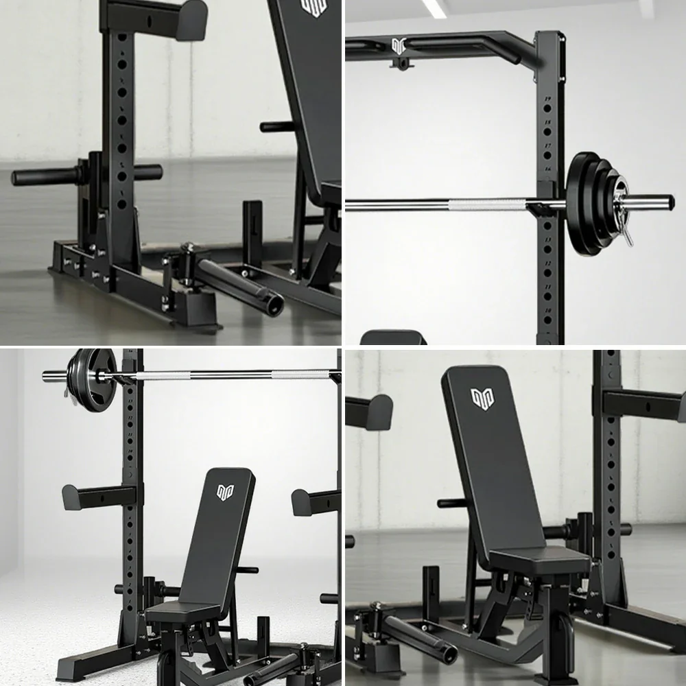 MERIDIAN Multi-Function Power Rack with Bench β Squat, Bench Press, Pull-Up, 19 Height Levels, Space-Saving Design - Black - Image 3