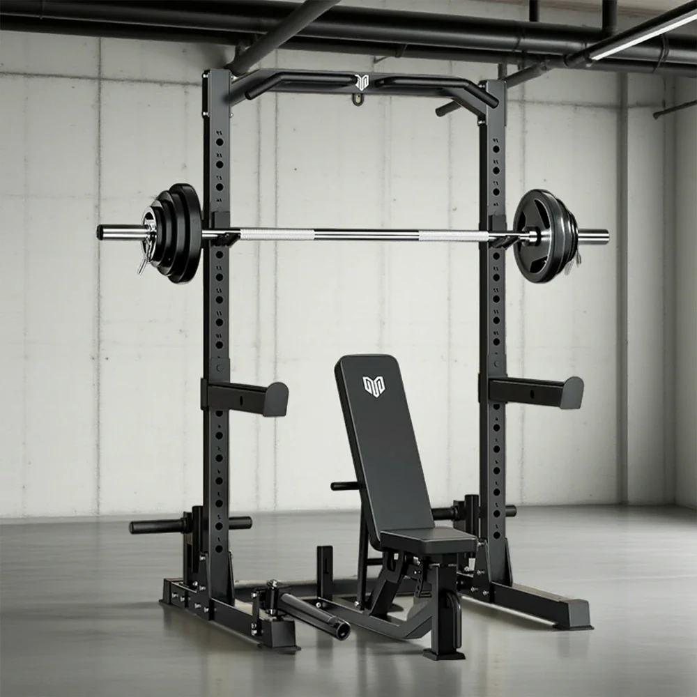 MERIDIAN Multi-Function Power Rack with Bench β Squat, Bench Press, Pull-Up, 19 Height Levels, Space-Saving Design - Black - Image 4