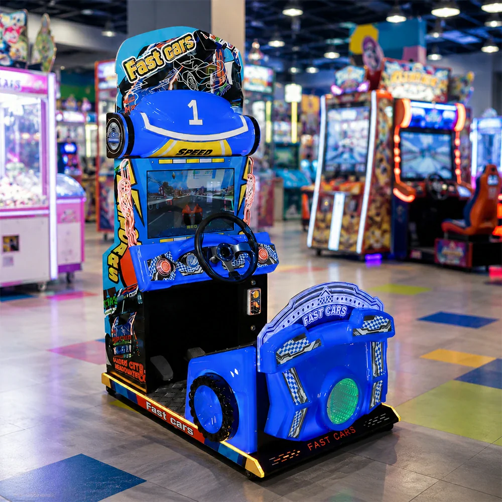 GAMEON Kids Racing Simulator - Interactive Driving Arcade Machine with Steering Wheel, HD Display & Coin Operation for Family Entertainment - Blue - Image 2