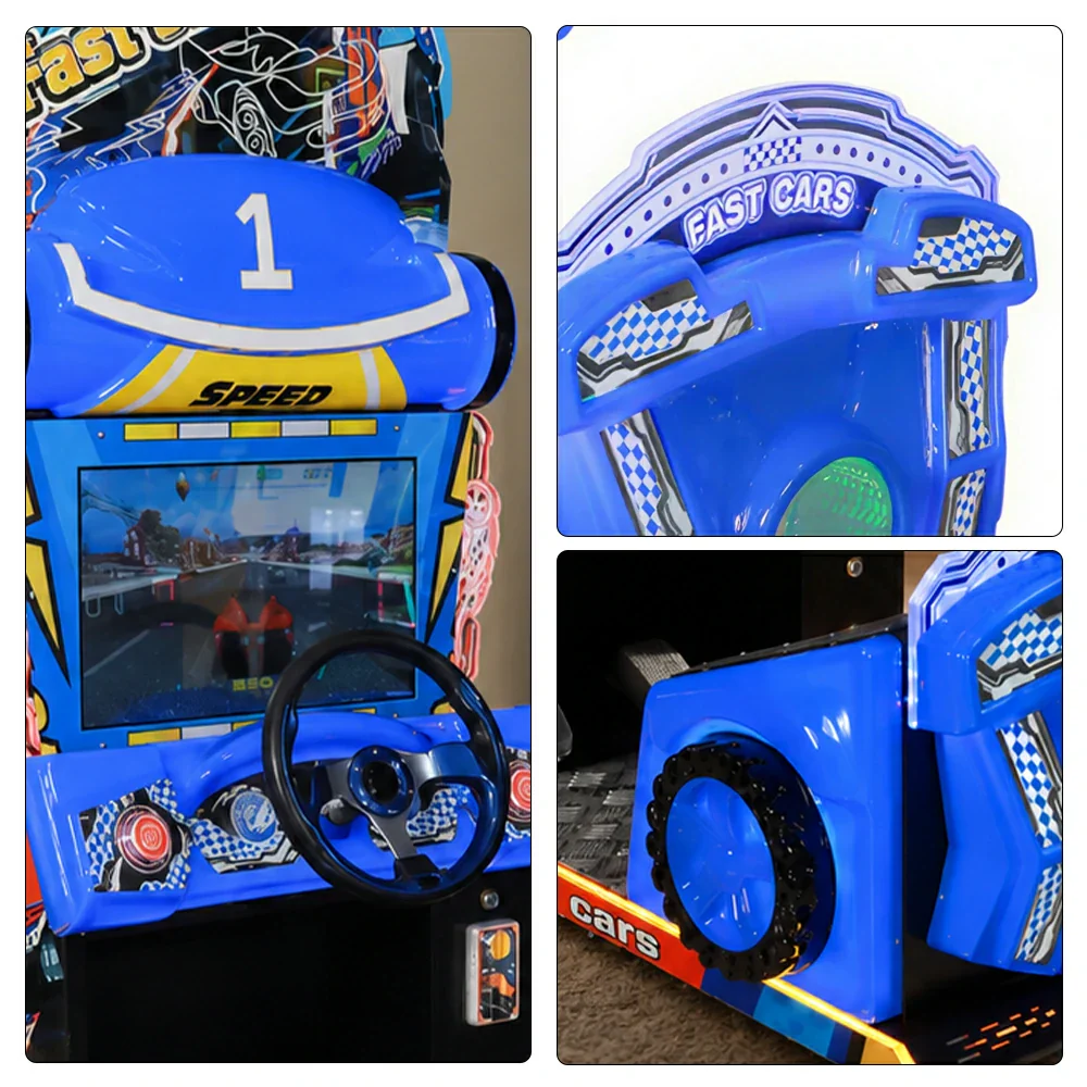 GAMEON Kids Racing Simulator - Interactive Driving Arcade Machine with Steering Wheel, HD Display & Coin Operation for Family Entertainment - Blue - Image 3