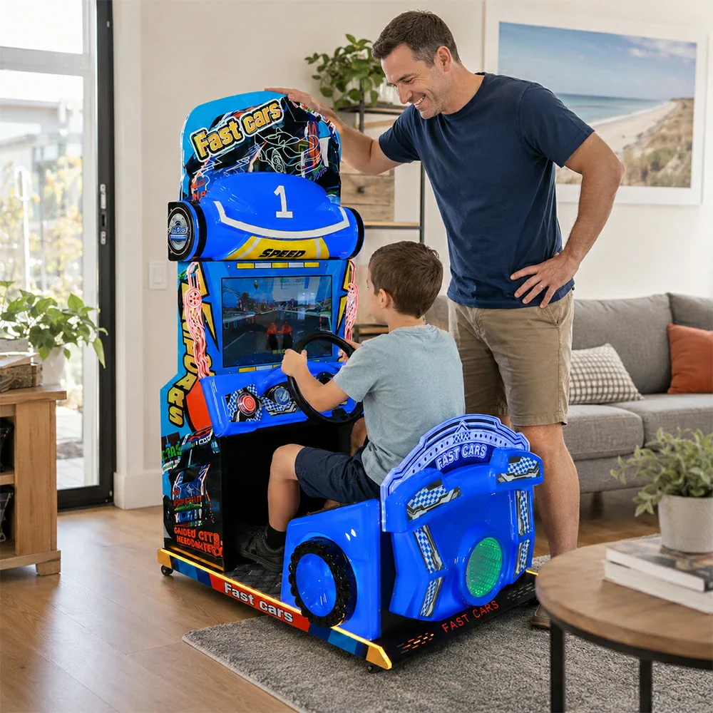GAMEON Kids Racing Simulator - Interactive Driving Arcade Machine with Steering Wheel, HD Display & Coin Operation for Family Entertainment - Blue - Image 6
