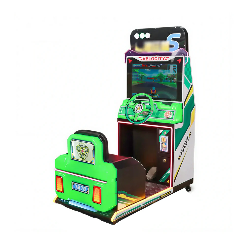 GAMEON Kids Racing Simulator - Interactive Driving Arcade Machine with Steering Wheel, HD Display & Coin Operation for Family Entertainment - Green