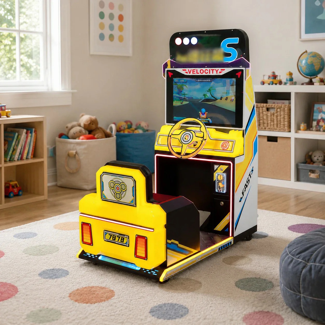 GAMEON Kids Racing Simulator - Interactive Driving Arcade Machine with Steering Wheel, HD Display & Coin Operation for Family Entertainment - Yellow - Image 4
