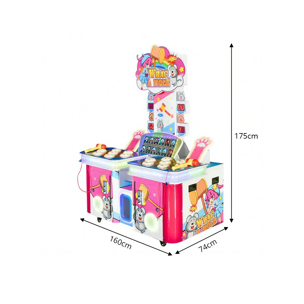 GAMEON Double Player Whack A Mole Machine - Coin Operated Arcade Game with Soft Hammer, Score Display & Ticket Reward System for Kids Entertainment Venues - Pink - Image 7