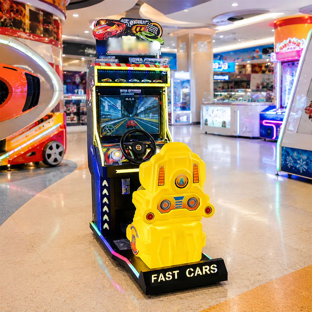 GAMEON Racing Arcade Machine - Coin Operated Kids Driving Game with Steering Wheel, Pedals, LCD Display & Interactive Car Racing Experience - Yellow - Image 4