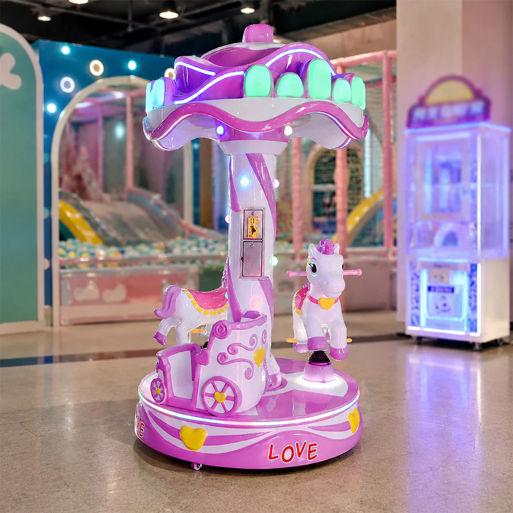 GAMEON Sweet Carousel Ride Machine - Coin Operated Kids Merry Go Round with Three Seats, LED Lights & Interactive Amusement Experience - Purple - Image 2