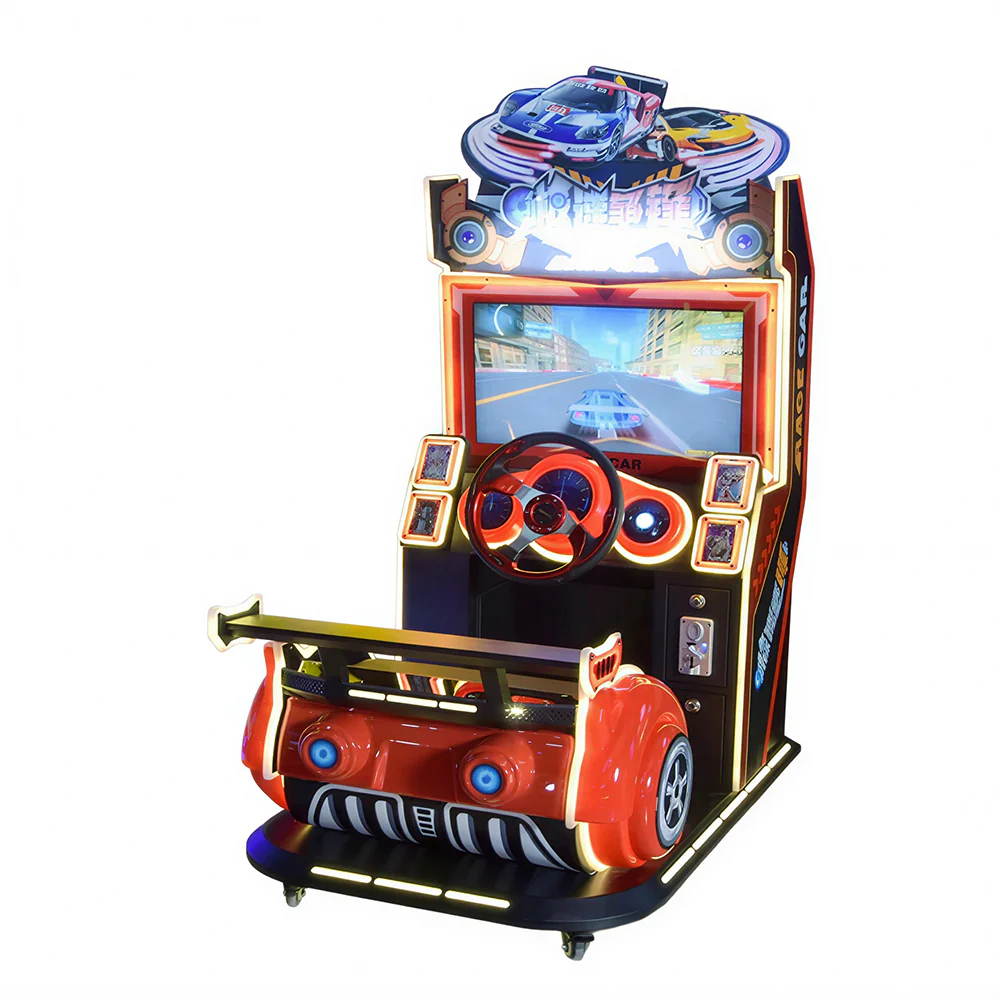 GAMEON Kids Racing Arcade Machine - Coin Operated Driving Simulator with Steering Wheel, Pedals, LCD Display & Interactive Racing Experience - Red