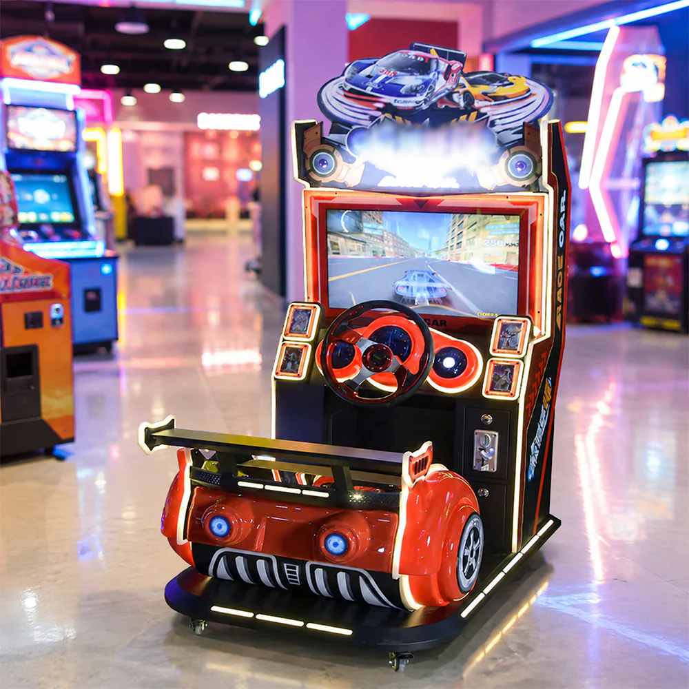 GAMEON Kids Racing Arcade Machine - Coin Operated Driving Simulator with Steering Wheel, Pedals, LCD Display & Interactive Racing Experience - Red - Image 2