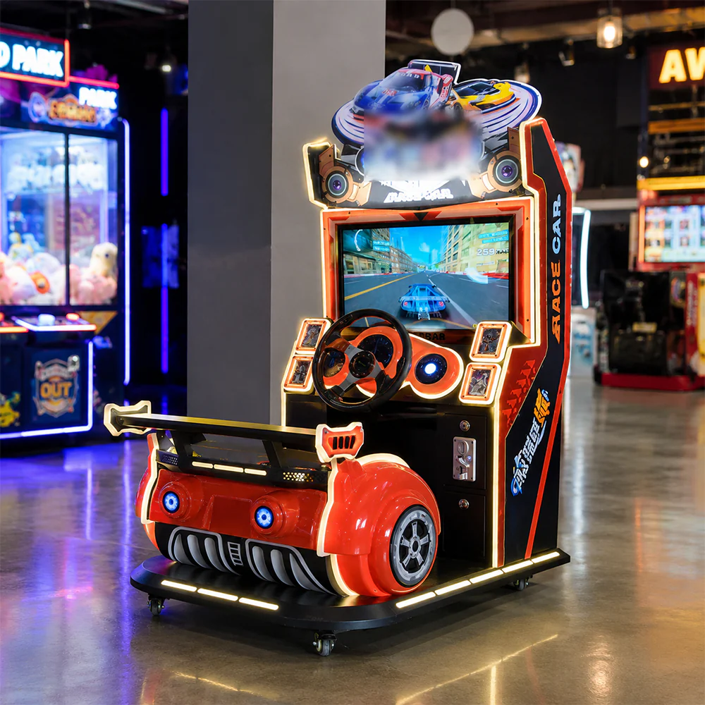 GAMEON Kids Racing Arcade Machine - Coin Operated Driving Simulator with Steering Wheel, Pedals, LCD Display & Interactive Racing Experience - Red - Image 4