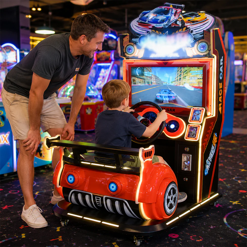 GAMEON Kids Racing Arcade Machine - Coin Operated Driving Simulator with Steering Wheel, Pedals, LCD Display & Interactive Racing Experience - Red - Image 6