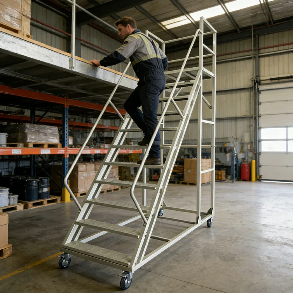GROVIA 250cm Platform Height 10-step Ladder With Wheels Warehouse Staircase - Image 11