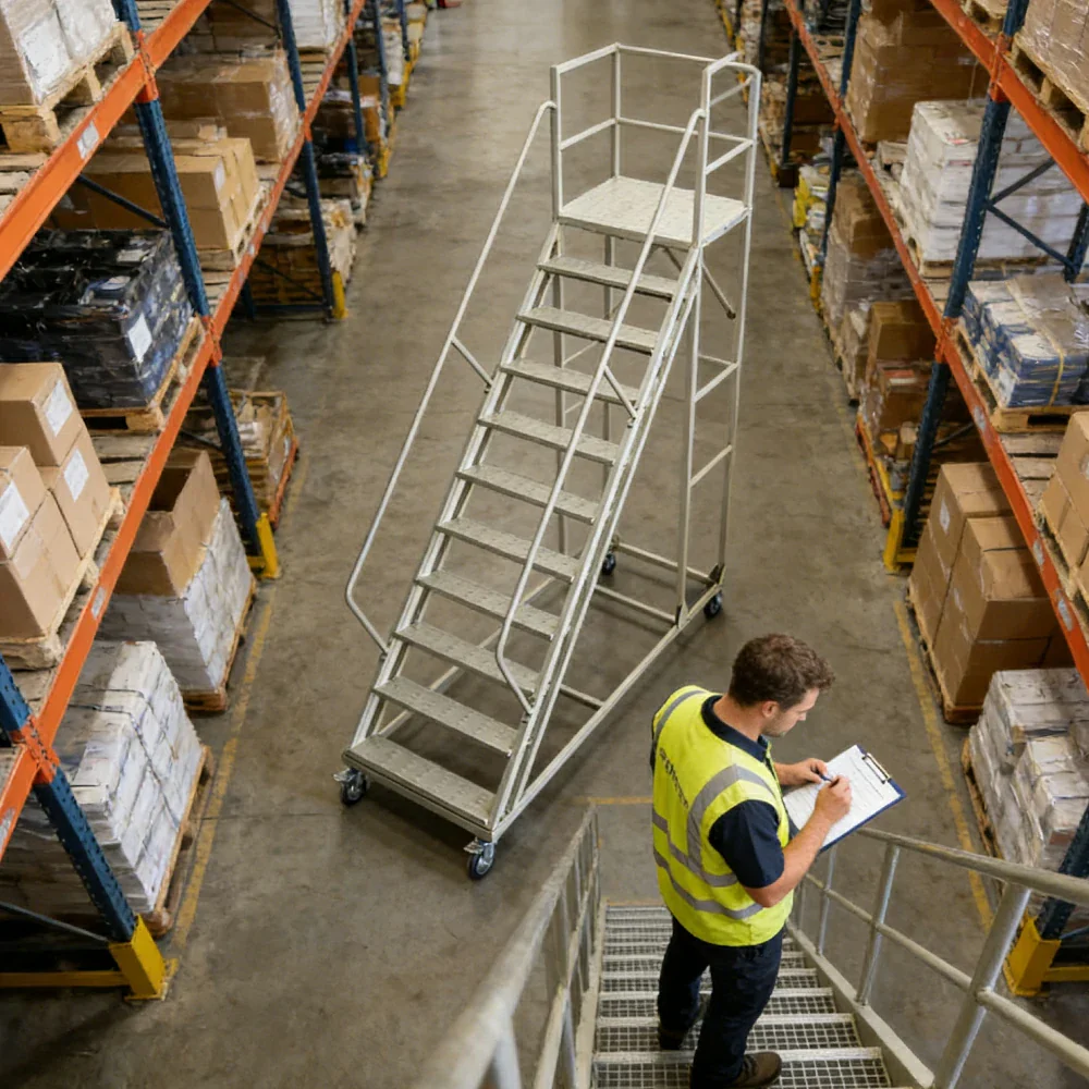 GROVIA 250cm Platform Height 10-step Ladder With Wheels Warehouse Staircase - Image 12
