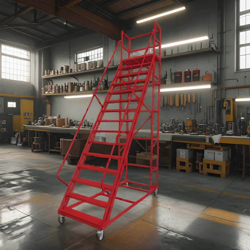 GROVIA 350cm Platform Height 14-step Ladder With Wheels Warehouse Staircase - Image 4