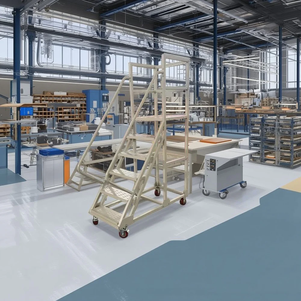 GROVIA 150cm Platform Height 6-step Ladder With Wheels Warehouse Staircase - Image 3
