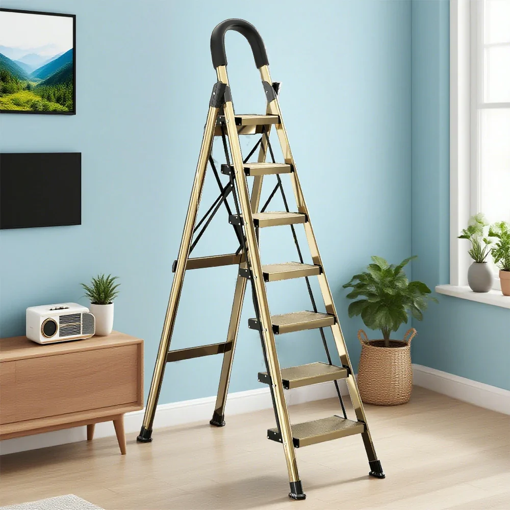 GROVIA 5/6/7 Step Lightweight Aluminum Alloy Folding Ladder, Extra-Wide 20cm Pedals, X-Shaped Support, Anti-Slip Design - Image 12
