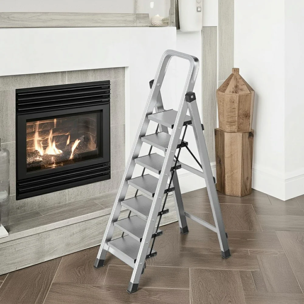 GROVIA 5/6/7/8-Step Aluminium Folding Ladder - 6cm Slim Design, 18cm Wide Non-Slip Pedal, Anti-Slip Feet - Silver - Image 11