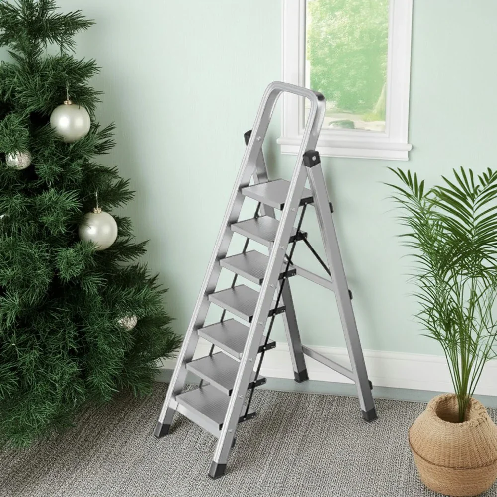 GROVIA 5/6/7/8-Step Aluminium Folding Ladder - 6cm Slim Design, 18cm Wide Non-Slip Pedal, Anti-Slip Feet - Silver - Image 12
