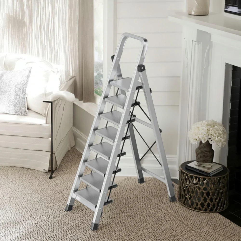 GROVIA 5/6/7/8-Step Aluminium Folding Ladder - 6cm Slim Design, 18cm Wide Non-Slip Pedal, Anti-Slip Feet - Silver - Image 16