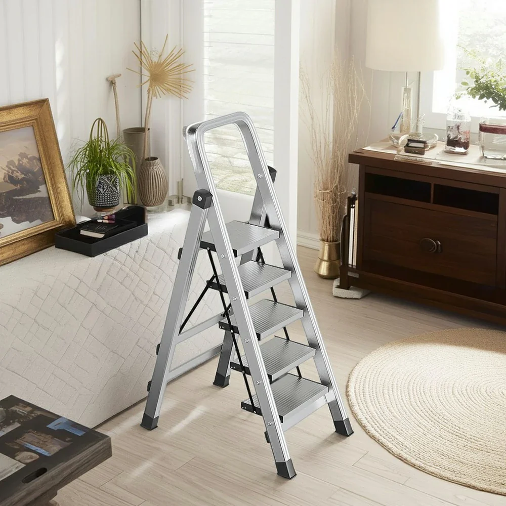 GROVIA 5/6/7/8-Step Aluminium Folding Ladder - 6cm Slim Design, 18cm Wide Non-Slip Pedal, Anti-Slip Feet - Silver - Image 4