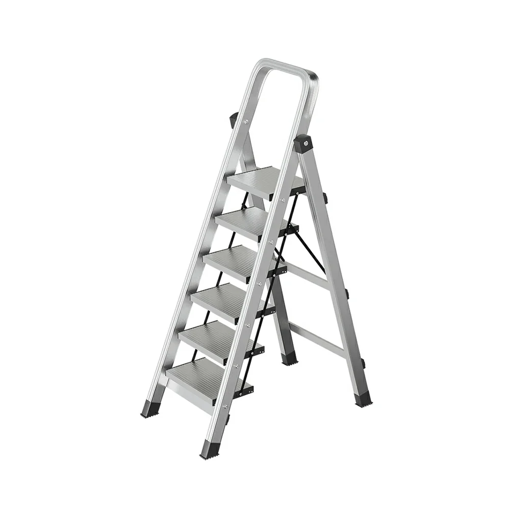GROVIA 5/6/7/8-Step Aluminium Folding Ladder - 6cm Slim Design, 18cm Wide Non-Slip Pedal, Anti-Slip Feet - Silver - Image 6