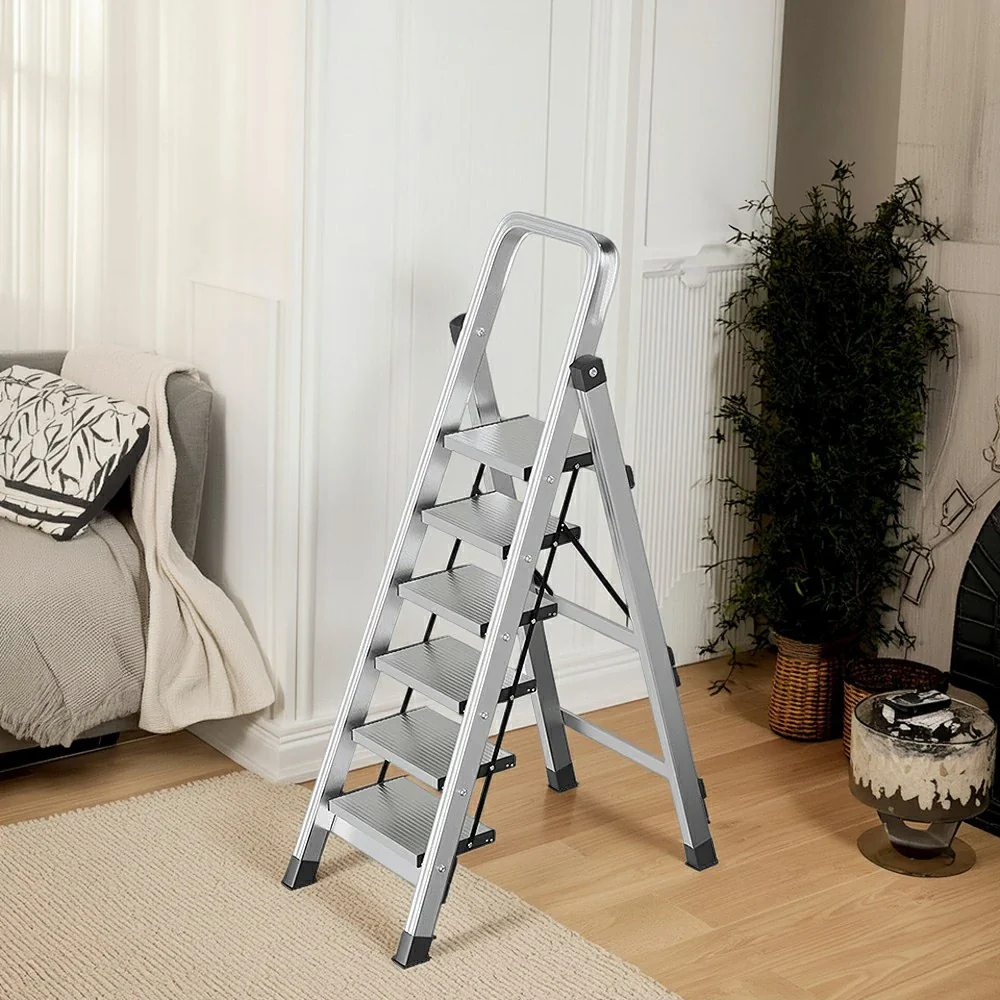 GROVIA 5/6/7/8-Step Aluminium Folding Ladder - 6cm Slim Design, 18cm Wide Non-Slip Pedal, Anti-Slip Feet - Silver - Image 7