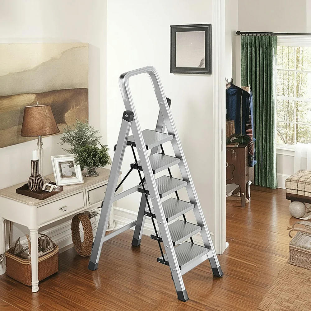 GROVIA 5/6/7/8-Step Aluminium Folding Ladder - 6cm Slim Design, 18cm Wide Non-Slip Pedal, Anti-Slip Feet - Silver - Image 8