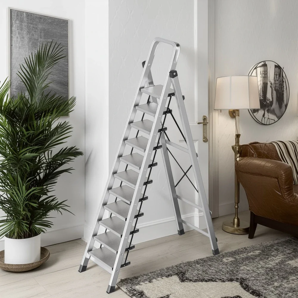 GROVIA 9/10/11/12-Step Aluminium Folding Ladder - 6cm Slim Design, 18cm Wide Non-Slip Pedal, Anti-Slip Feet - Silver - Image 13