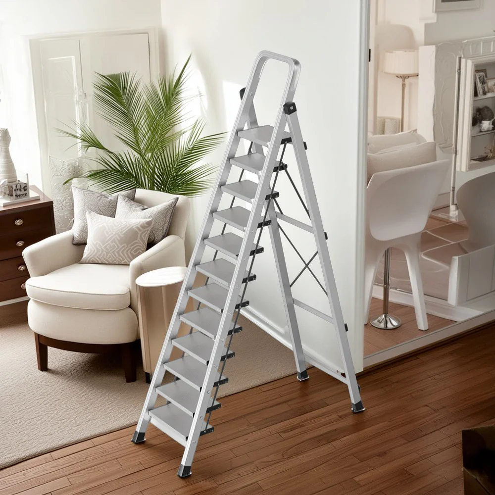 GROVIA 9/10/11/12-Step Aluminium Folding Ladder - 6cm Slim Design, 18cm Wide Non-Slip Pedal, Anti-Slip Feet - Silver - Image 15
