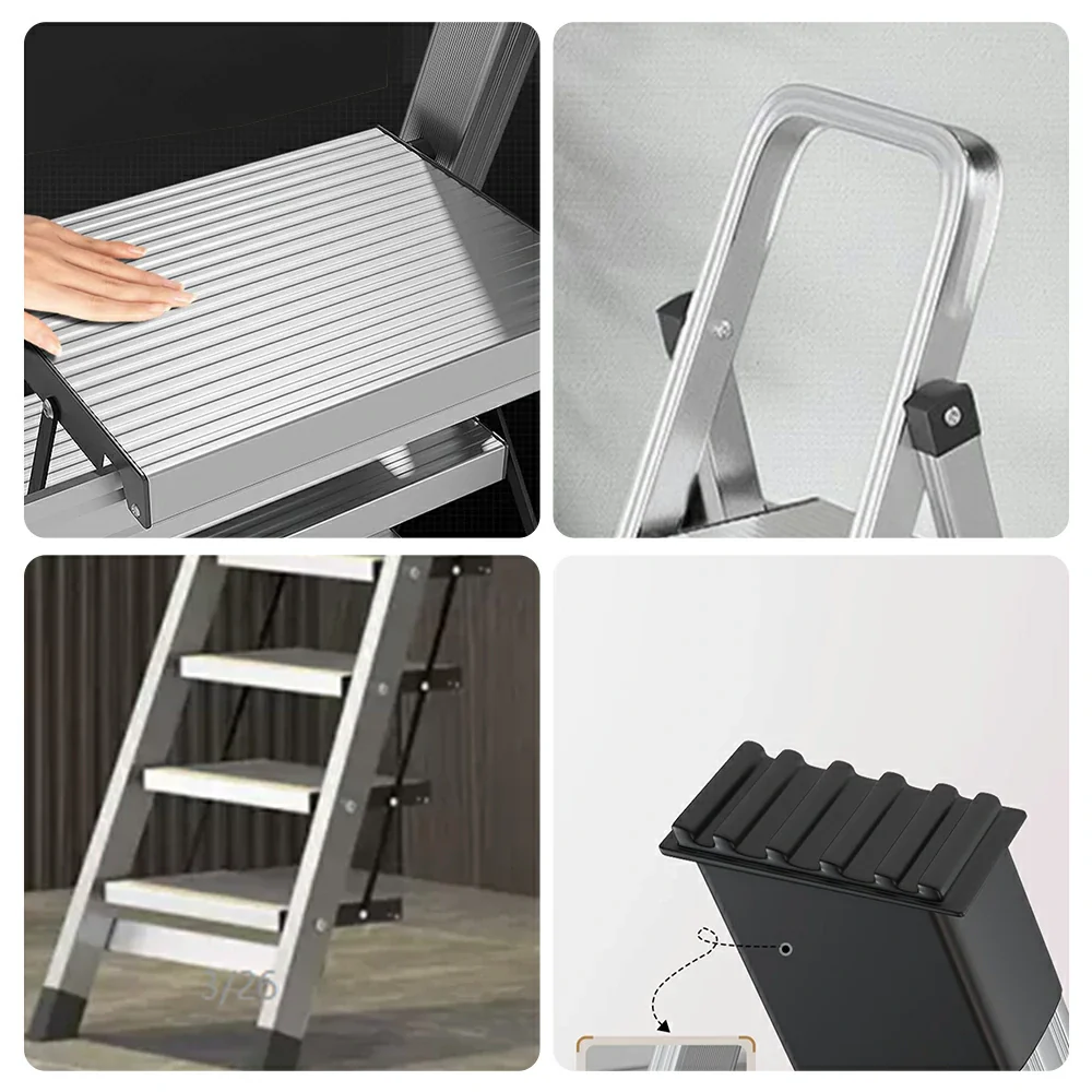 GROVIA 9/10/11/12-Step Aluminium Folding Ladder - 6cm Slim Design, 18cm Wide Non-Slip Pedal, Anti-Slip Feet - Silver - Image 3