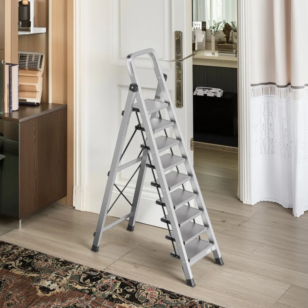 GROVIA 9/10/11/12-Step Aluminium Folding Ladder - 6cm Slim Design, 18cm Wide Non-Slip Pedal, Anti-Slip Feet - Silver - Image 4