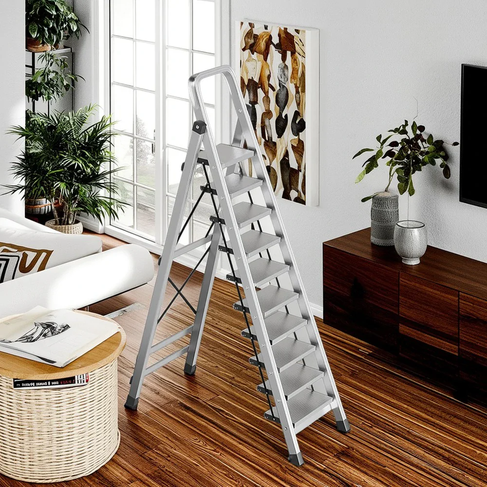 GROVIA 9/10/11/12-Step Aluminium Folding Ladder - 6cm Slim Design, 18cm Wide Non-Slip Pedal, Anti-Slip Feet - Silver - Image 8