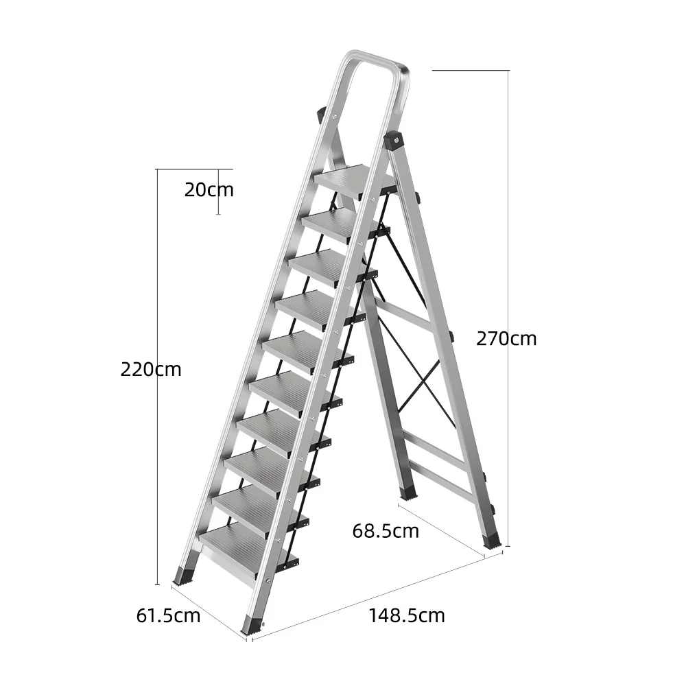 GROVIA 9/10/11/12-Step Aluminium Folding Ladder - 6cm Slim Design, 18cm Wide Non-Slip Pedal, Anti-Slip Feet - Silver - Image 9