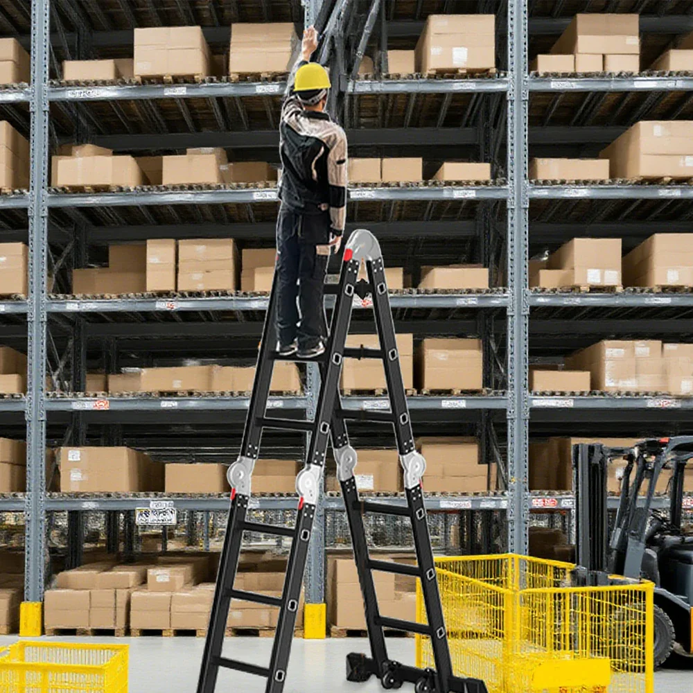 GROVIA 6/8/10 Step Multi-Purpose Folding Ladder, Heavy-Duty Hinges, Adjustable Configurations, Anti-Slip Base - Black - Image 4