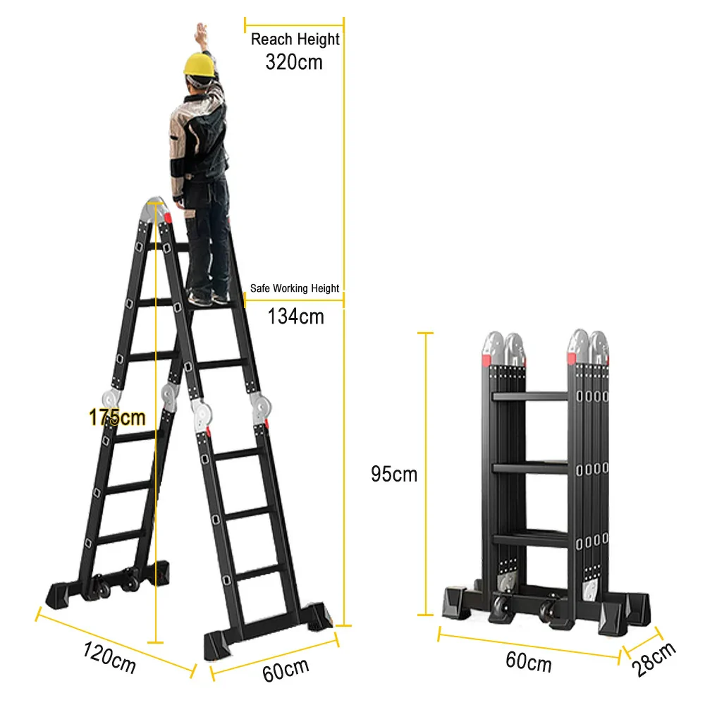 GROVIA 6/8/10 Step Multi-Purpose Folding Ladder, Heavy-Duty Hinges, Adjustable Configurations, Anti-Slip Base - Black - Image 5
