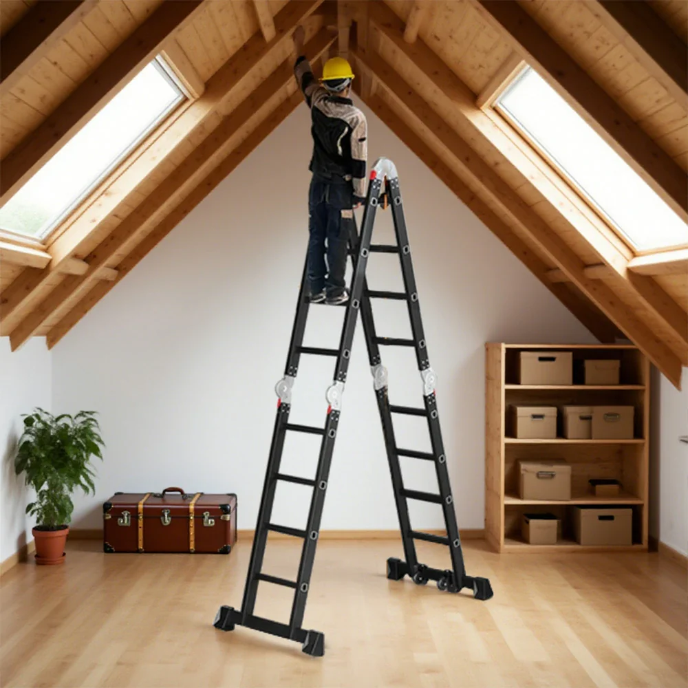 GROVIA 6/8/10 Step Multi-Purpose Folding Ladder, Heavy-Duty Hinges, Adjustable Configurations, Anti-Slip Base - Black - Image 8