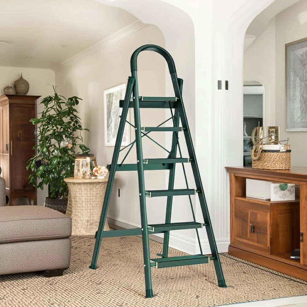 GROVIA 4/5/6-Step Aluminium Folding Ladder - 5cm Slim Design, 18cm Wide Non-Slip Pedal, Anti-Slip Feet - Green - Image 11