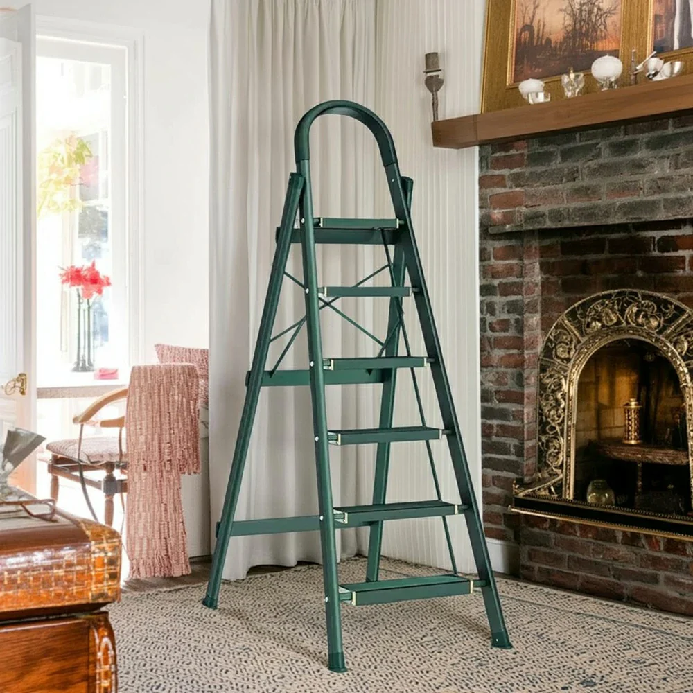 GROVIA 4/5/6-Step Aluminium Folding Ladder - 5cm Slim Design, 18cm Wide Non-Slip Pedal, Anti-Slip Feet - Green - Image 12