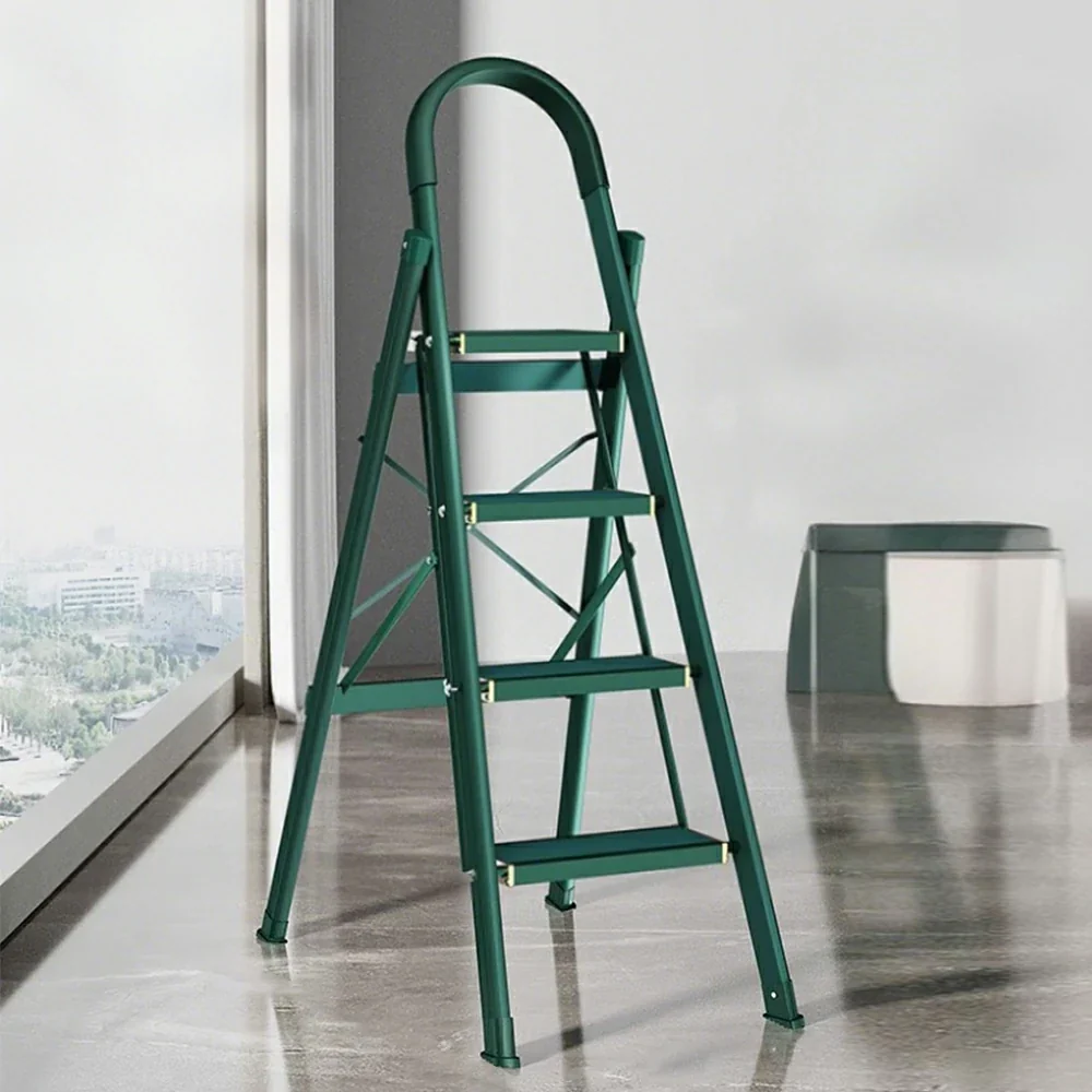 GROVIA 4/5/6-Step Aluminium Folding Ladder - 5cm Slim Design, 18cm Wide Non-Slip Pedal, Anti-Slip Feet - Green - Image 2