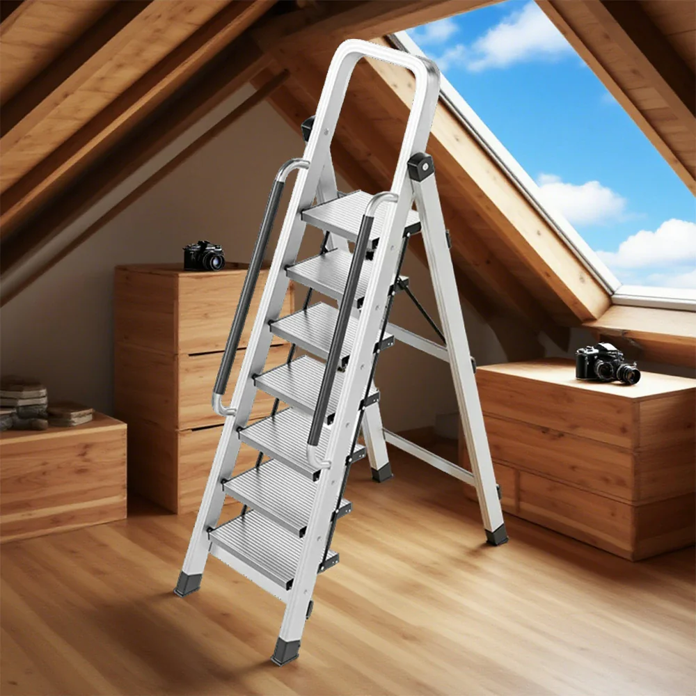 GROVIA 7/8/9 Step Aluminum Alloy Folding Ladder with Handrails, Anti-Slip Design, Extra-Wide Pedals, Durable - Image 4