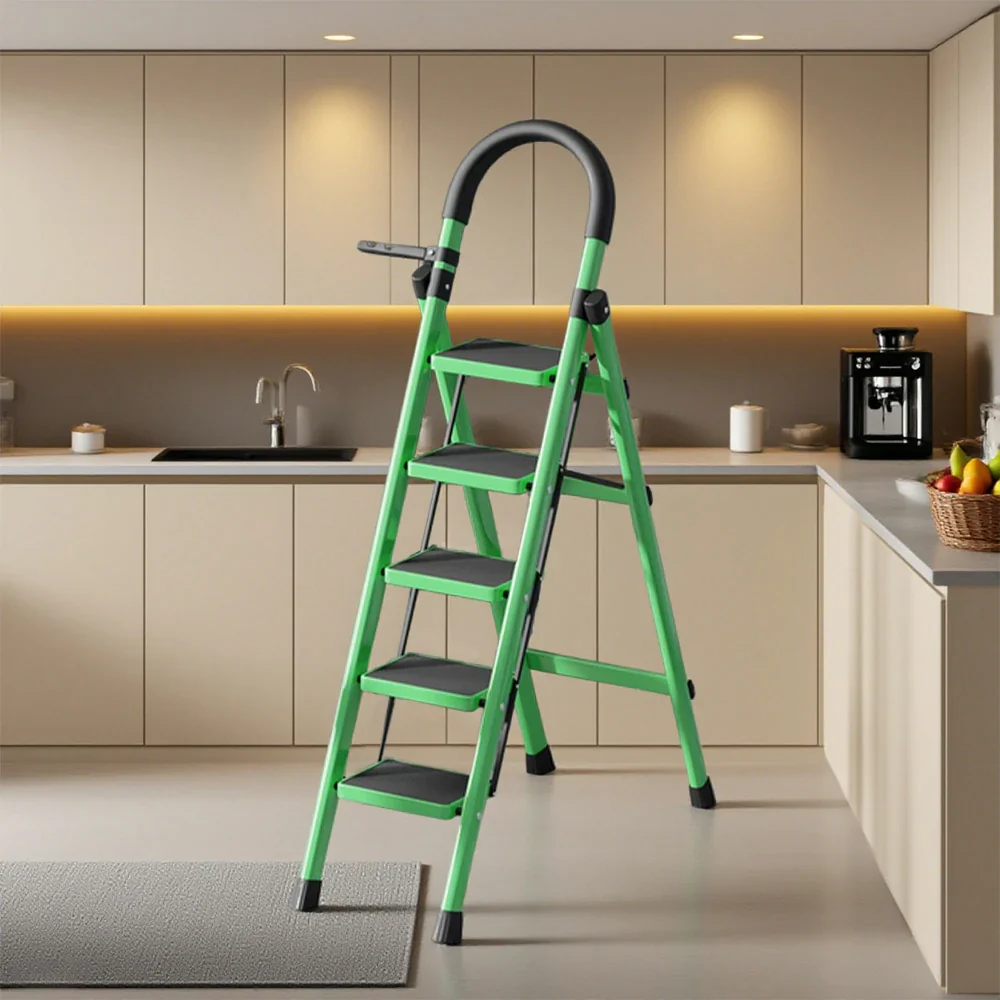 GROVIA 5/6 Step Lightweight Carbon Steel Ladder, Extra-Wide Pedals - Green - Image 4
